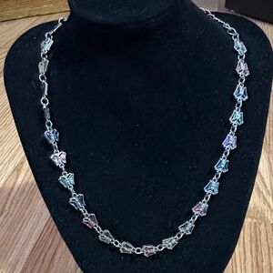 VINTAGE MULTICOLORED ABALONE SHELL BUTTERFLY SILVER-TONE 14 - 17" NECKLACE